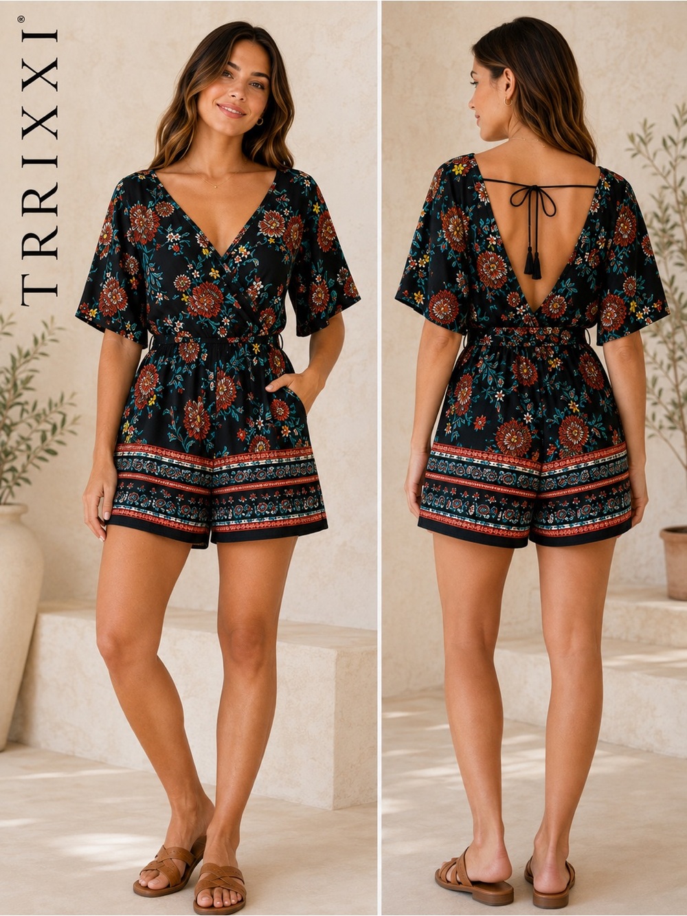 Trixxi Black Floral V-Neck Short Sleeve Romper with Open Back Women’s Size M
